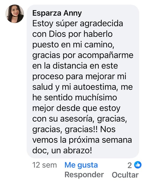 Publicación de Esparza Anny agradeciendo la guía para mejorar su salud por el Dr. Alejandro Martínez Vega