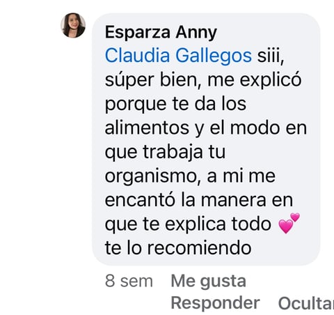 Comentario de Esparza Anny mencionando a Claudia Gallegos y elogiando la explicación sobre alimentación del Dr. Alejandro