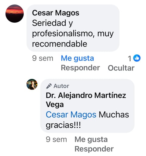 Testimonio de Cesar Magos destacando la seriedad y profesionalismo del Dr. Alejandro Martínez Vega