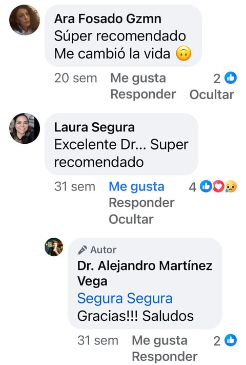 Sección de comentarios positivos sobre el Dr. Alejandro Martínez Vega con emojis de reacciones
