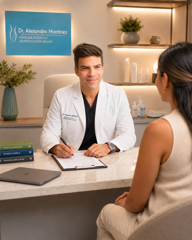 Dr. Alejandro Martínez Vega consultando con una paciente en su consultorio con placa profesional y libros médicos