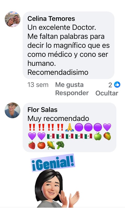 Comentarios de pacientes elogiando al Dr. Alejandro Martínez Vega con avatar genial