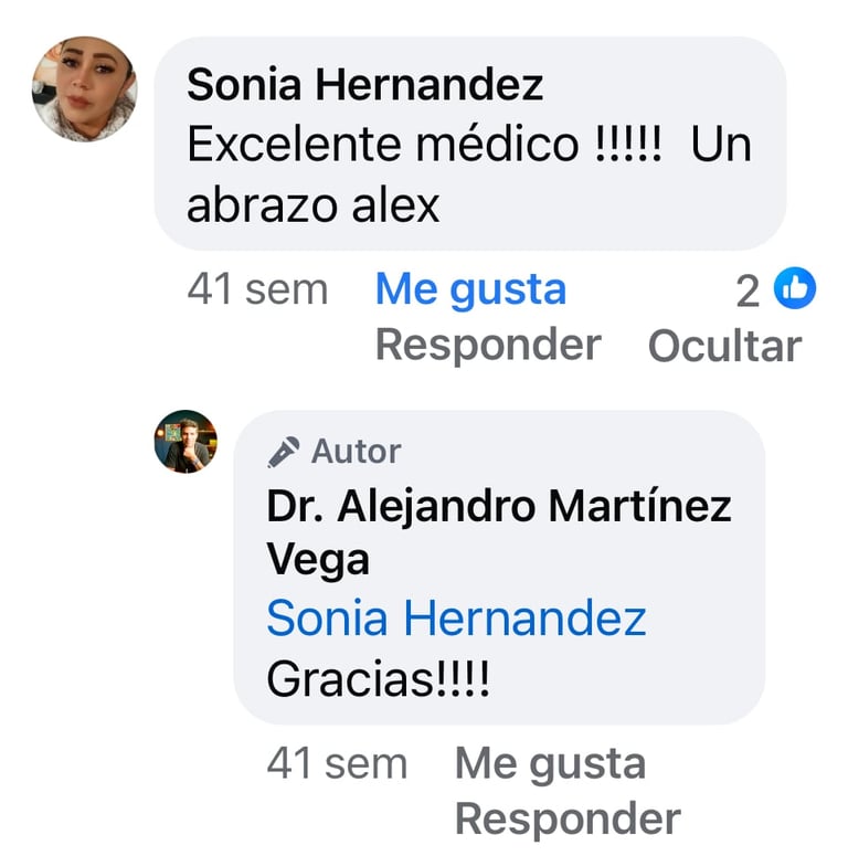 Testimonio de Sonia Hernandez llamando al Dr. Alejandro Martínez Vega un doctor excelente