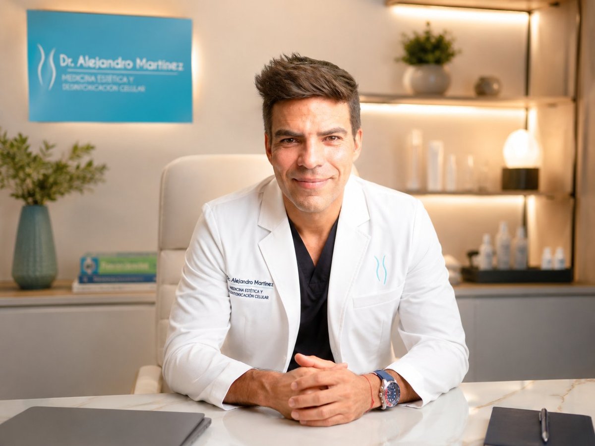 Dr. Alejandro Martínez Vega en su consultorio con bata blanca